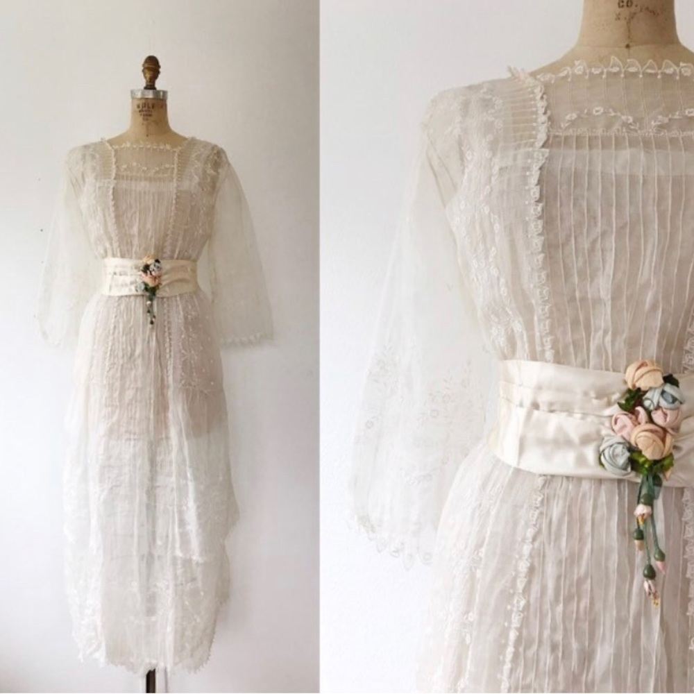 Antique Edwardian Wedding Dress Tea Dress Midi Length Lace Embroidery Sheer